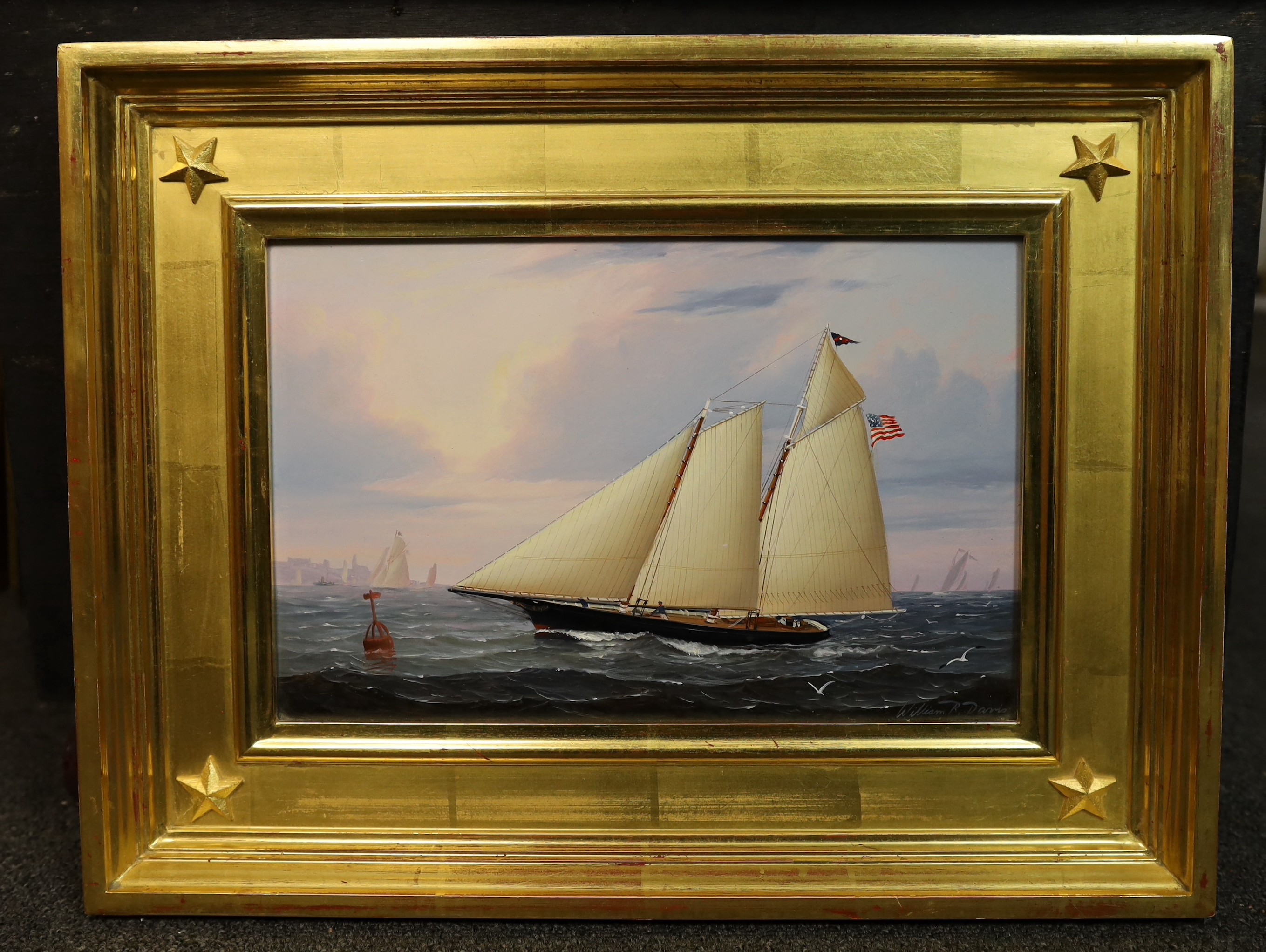 William Robert Davis (American, b.1952), 'Yacht America', oil on panel, 19 x 29.5cm